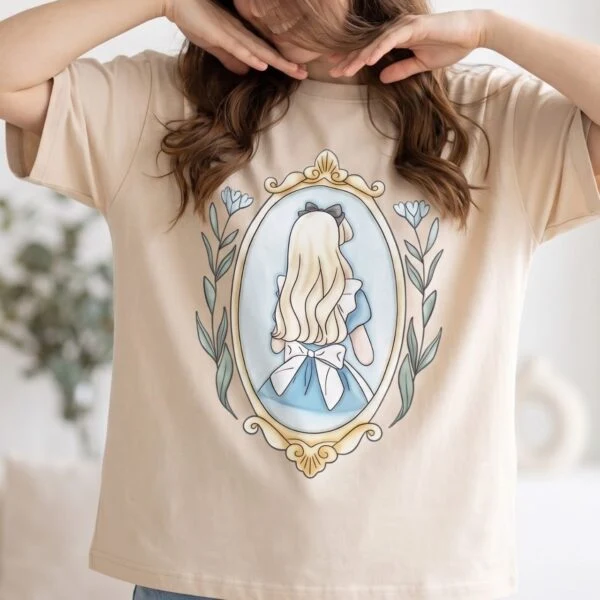 Disney Princess Mirror Portrait Shirt, Cinderella Back View Bow & Floral Frame Graphic Vacation Tee - Image 2