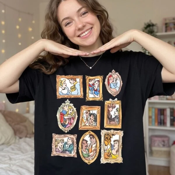 Disney Princess Portrait Frames Shirt, Cinderella Aurora Ariel Jasmine Belle & Rapunzel Picture Frame Graphic Vacation Tee - Image 2