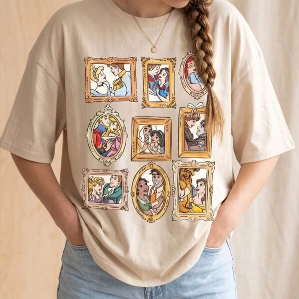 Disney Princess Portrait Frames Shirt, Cinderella Aurora Ariel Jasmine Belle & Rapunzel Picture Frame Graphic Vacation Tee - Image 3
