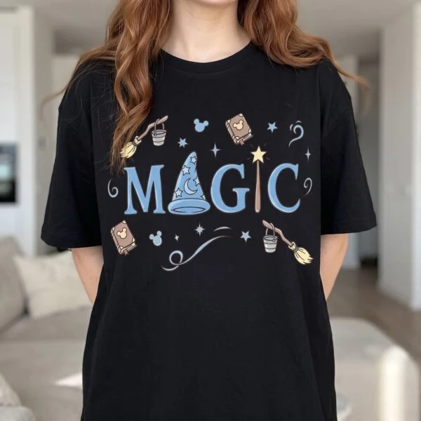 Disney Magic Sorcerer Hat Shirt, Mickey Ears Broom & Spellbook Graphic Vacation Tee - Image 3