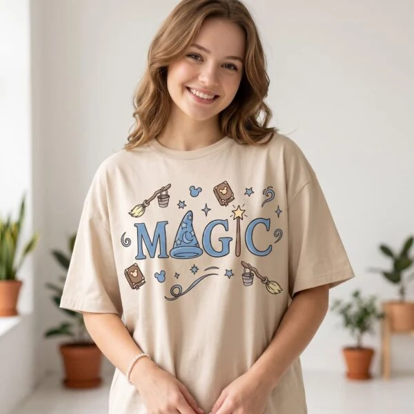 Disney Magic Sorcerer Hat Shirt, Mickey Ears Broom & Spellbook Graphic Vacation Tee - Image 2