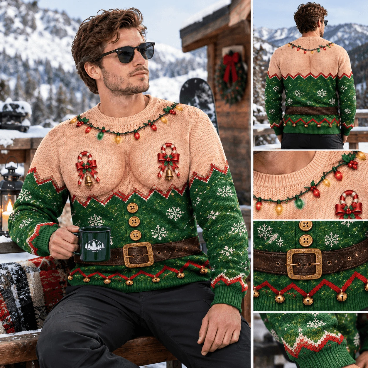 Funny Santa Abs Ugly Sweater, Hairy Chest 3D Print Holiday Party Gift - Image 2