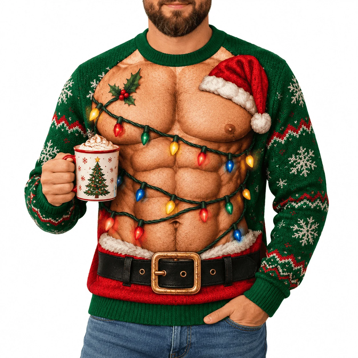 Funny Santa Abs Ugly Sweater, Hairy Chest 3D Print Holiday Party Gift - Image 5