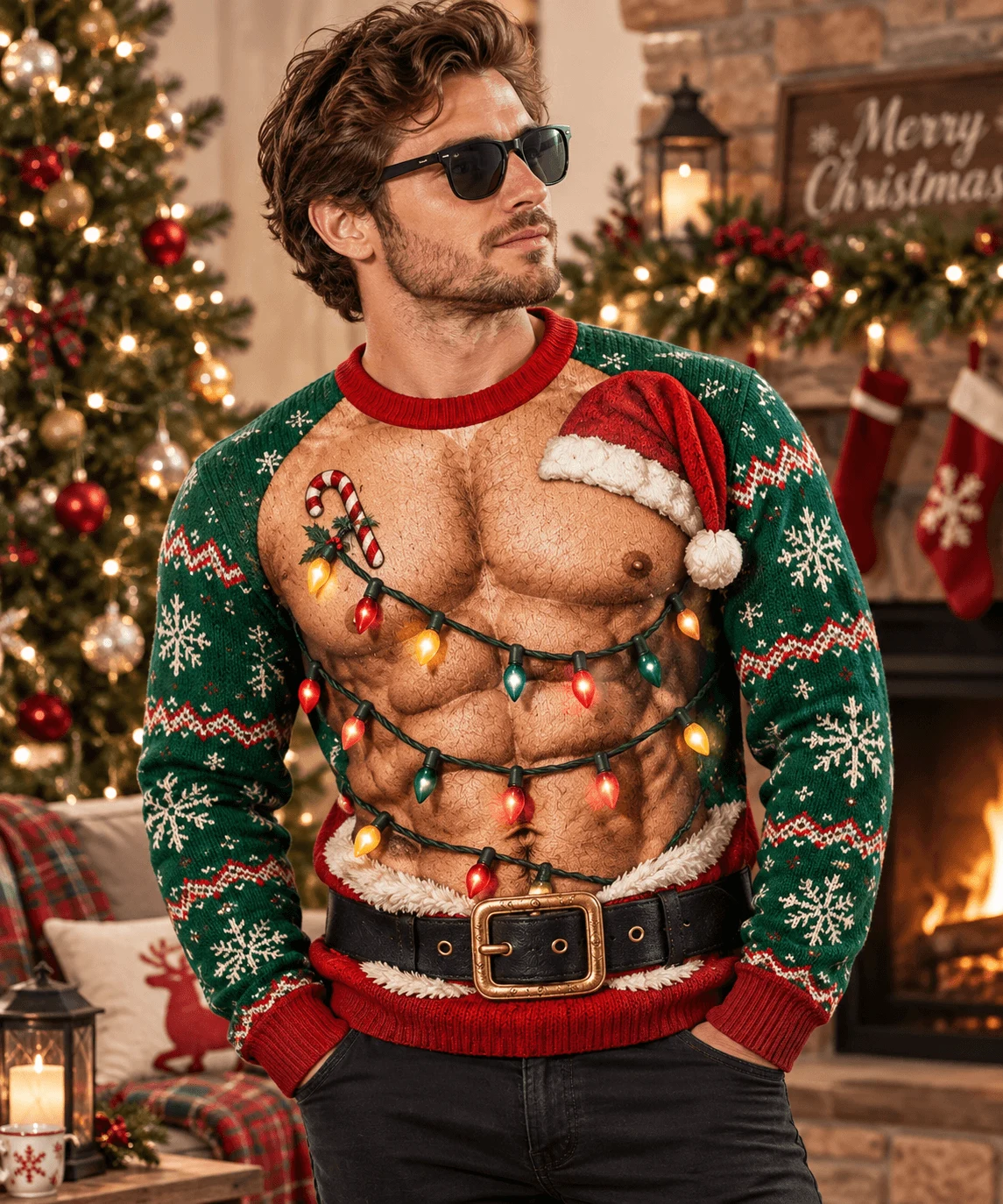 Funny Santa Abs Ugly Sweater, Hairy Chest 3D Print Holiday Party Gift - Image 2