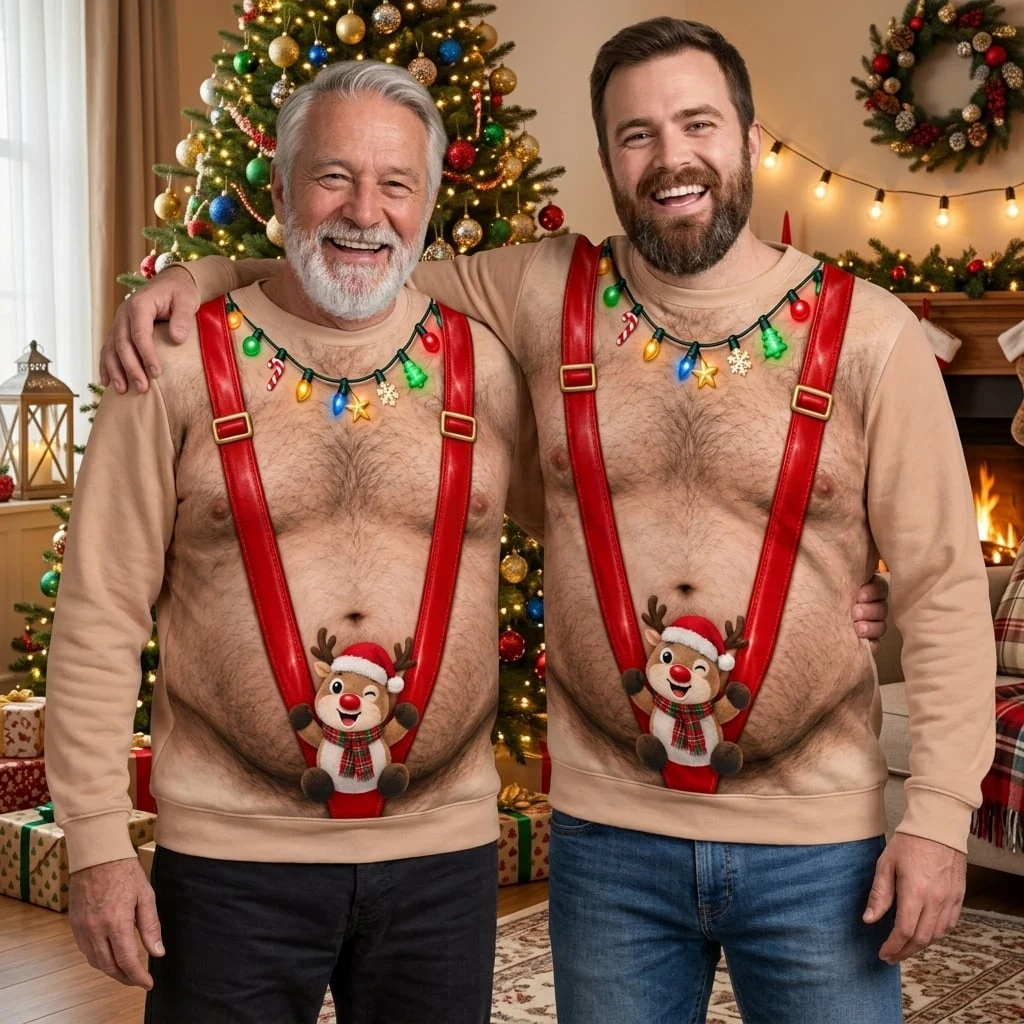 Funny Santa Abs Ugly Sweater, Hairy Chest 3D Print Holiday Party Gift - Image 7
