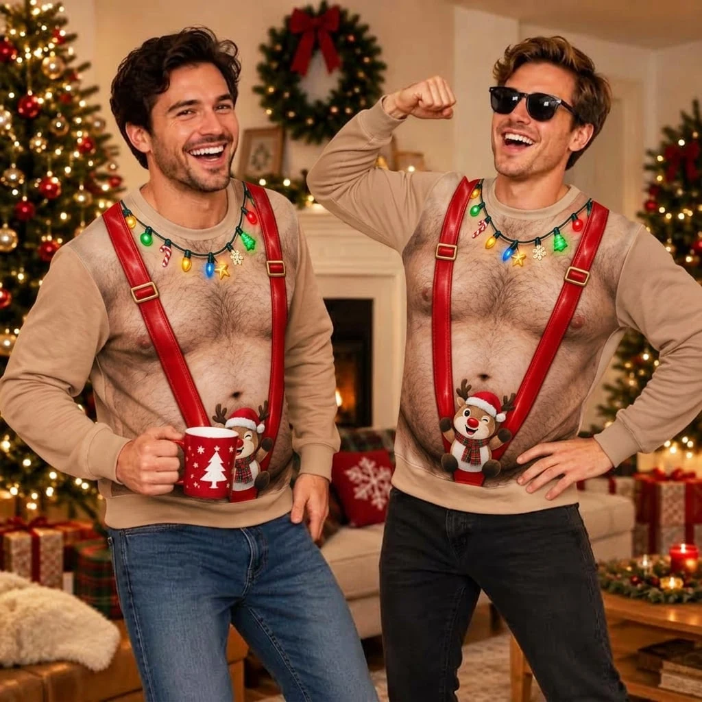 Funny Santa Abs Ugly Sweater, Hairy Chest 3D Print Holiday Party Gift