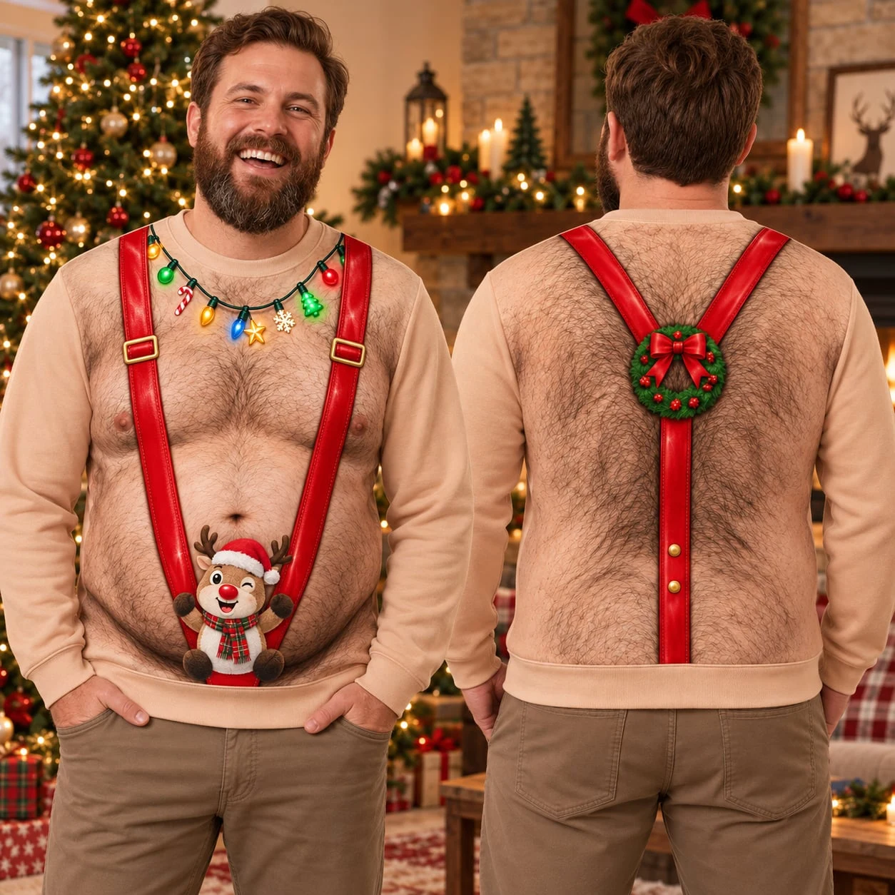 Funny Santa Abs Ugly Sweater, Hairy Chest 3D Print Holiday Party Gift - Image 3