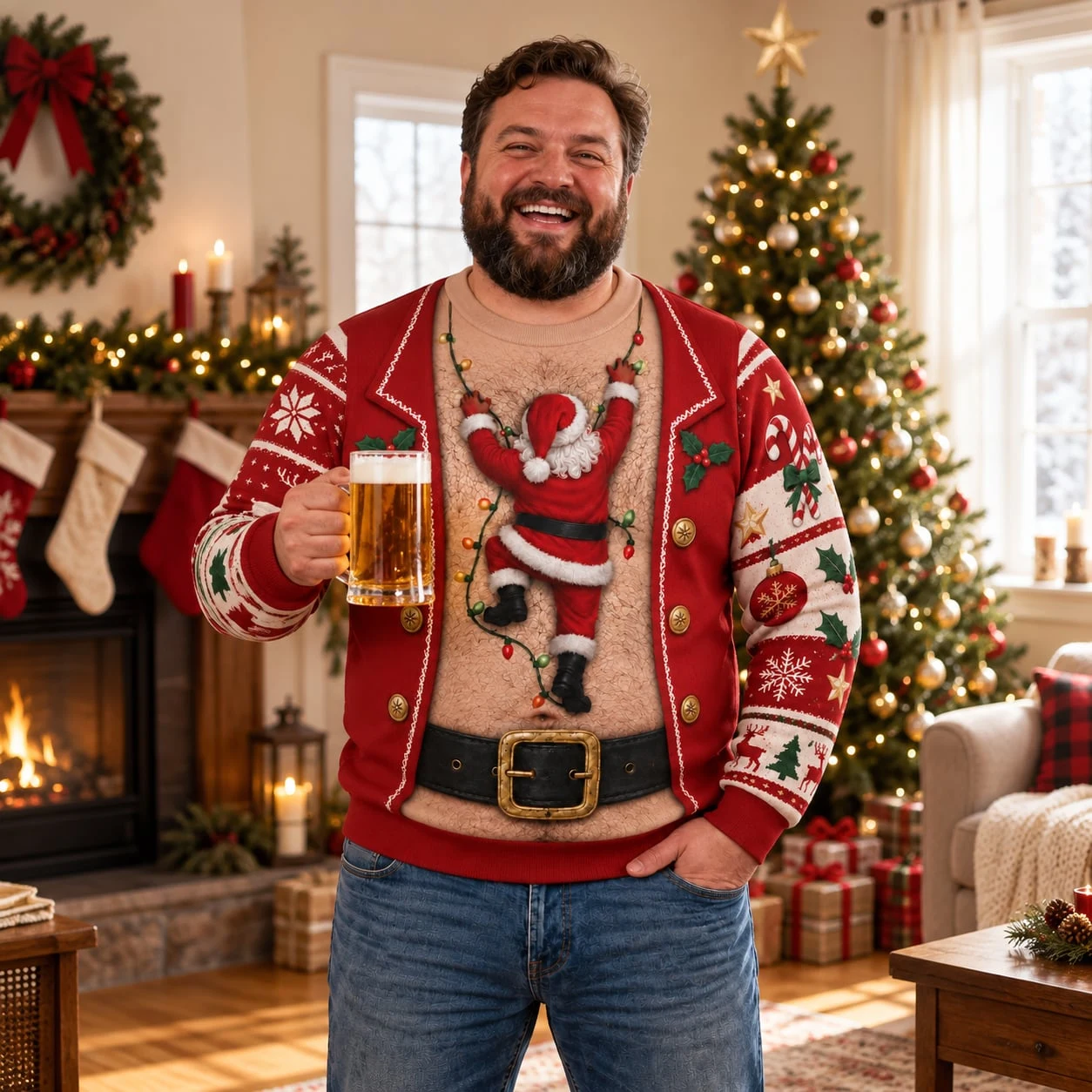Funny Santa Abs Ugly Sweater, Hairy Chest 3D Print Holiday Party Gift - Image 6