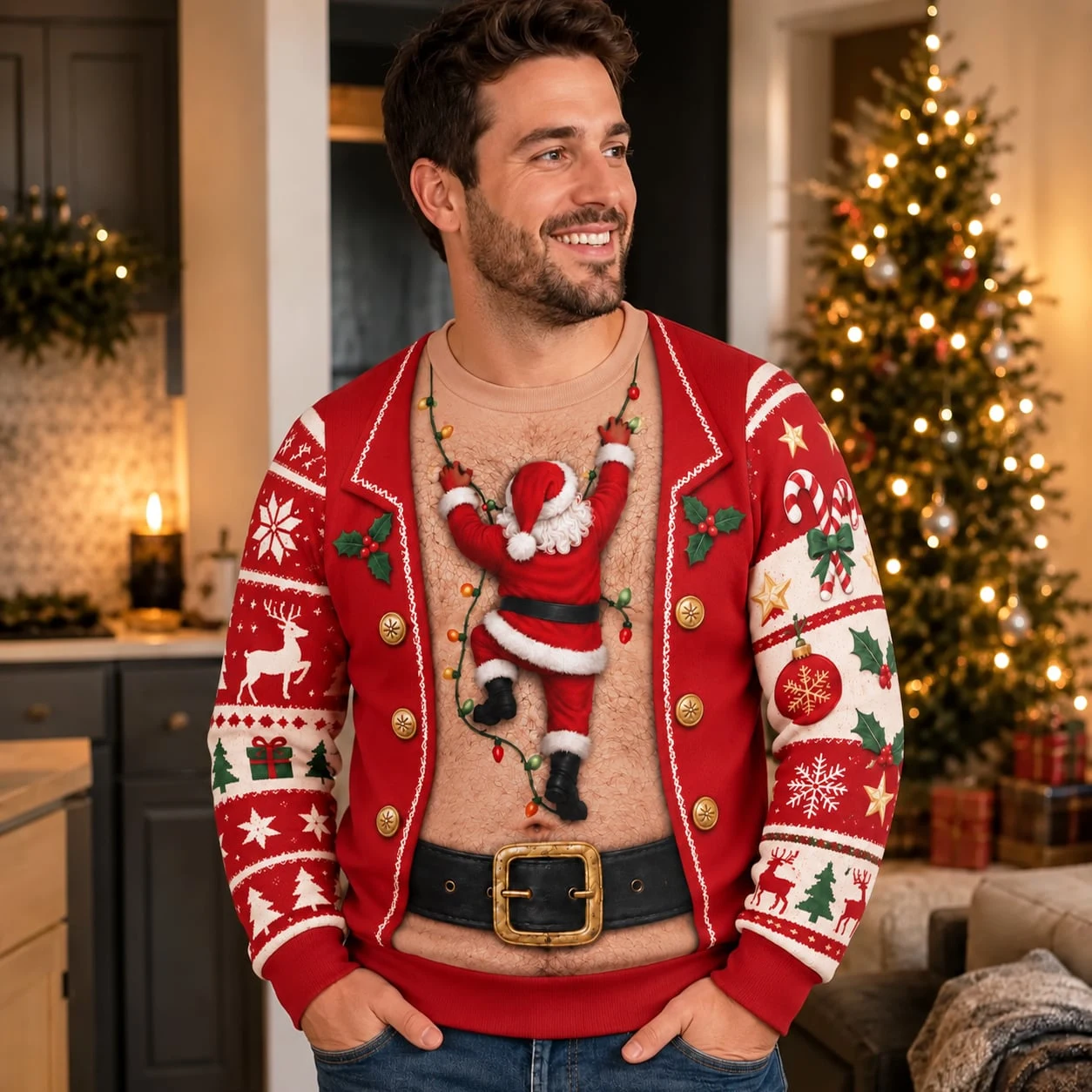 Funny Santa Abs Ugly Sweater, Hairy Chest 3D Print Holiday Party Gift - Image 5