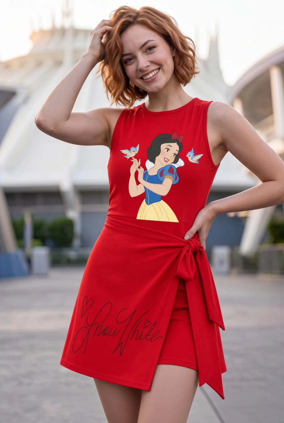 Red Snow White Dress Skirt, Cute Princess Character Print, Concert & Theme Park Vacation Outfit