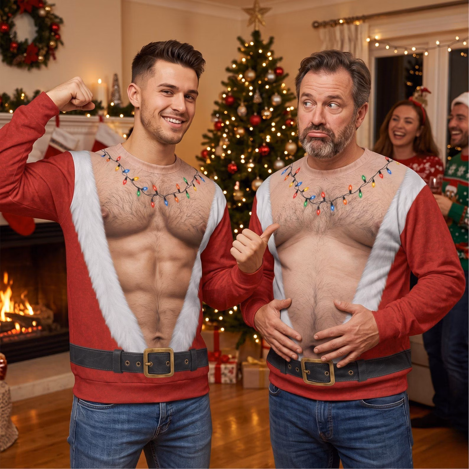 Funny Hairy Chest Ugly Christmas Sweater, Fake Abs Santa Holiday Party Sweatshirt, Hilarious Novelty Christmas Pullover for Men, Xmas Gift