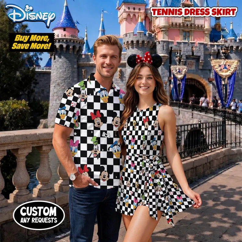 Disney Mickey & Friends Matching Couple Outfit, Hawaiian Shirt & Tennis Dress Skirt, Checkered Theme Park Outfit