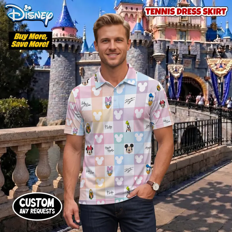 Disney Mickey & Friends Matching Couple Outfit, Pastel Checkered Hawaiian Shirt & Tennis Dress Skirt, Theme Park Outfit - Image 3