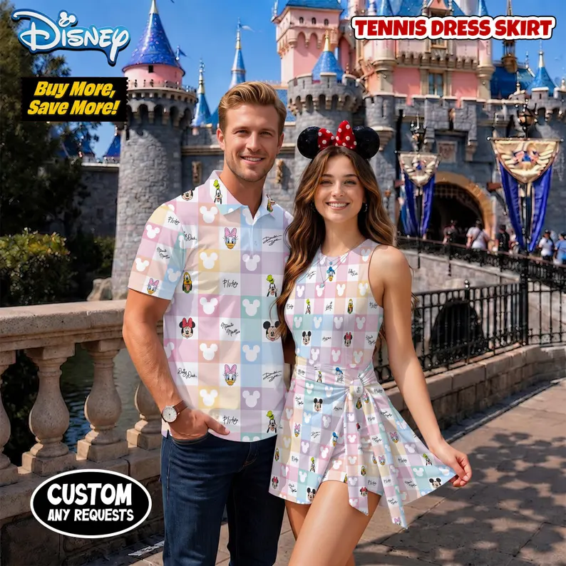 Disney Mickey & Friends Matching Couple Outfit, Pastel Checkered Hawaiian Shirt & Tennis Dress Skirt, Theme Park Outfit