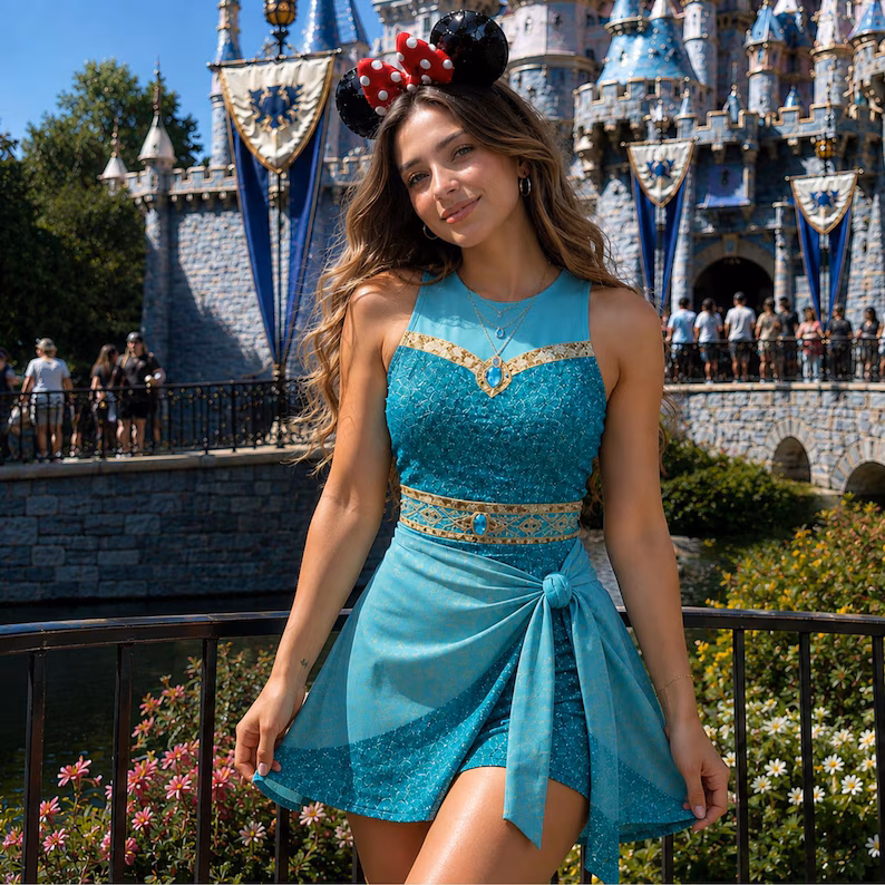 Jasmine Princess Tennis Dress, Teal Arabian Inspired Gold Jewel Outfit, Theme Park Vacation Wear, Princess Lover Gift - Image 2