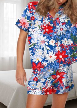 4th Of July Floral Silky Satin Pajama Set