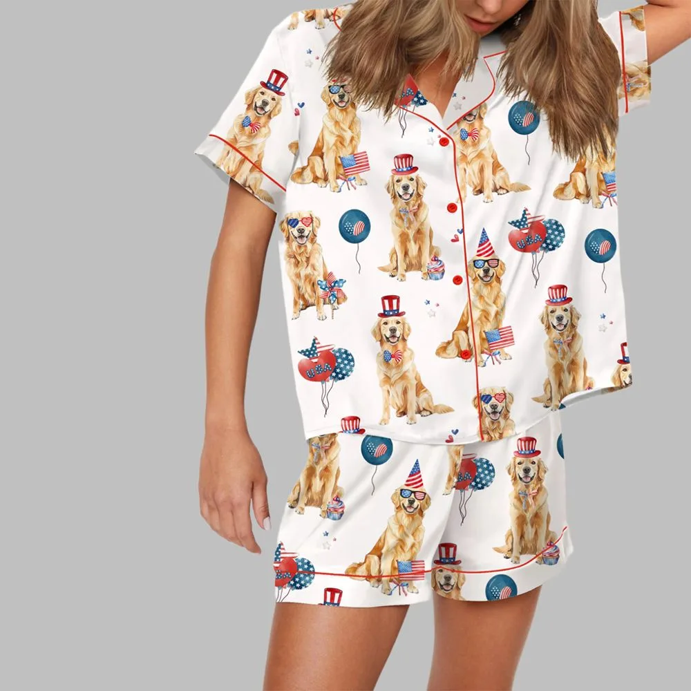 4th Of July Patriotic Golden Retriever Satin Pajama Set - Image 2