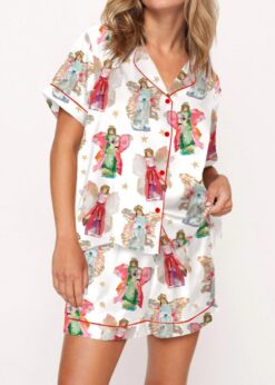 Angel Pattern With Stars Satin Pajama Set For Women