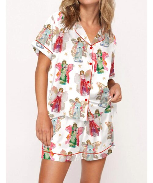 Angel Pattern With Stars Satin Pajama Set For Women