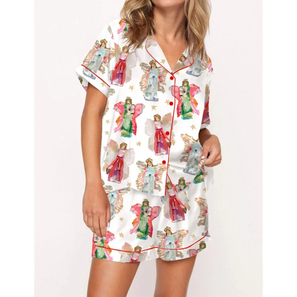 Angel Pattern With Stars Satin Pajama Set For Women