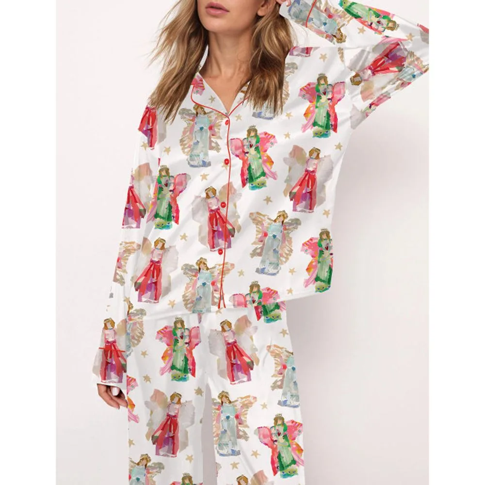 Angel Pattern With Stars Satin Pajama Set For Women - Image 2