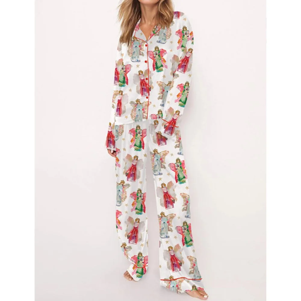 Angel Pattern With Stars Satin Pajama Set For Women - Image 3