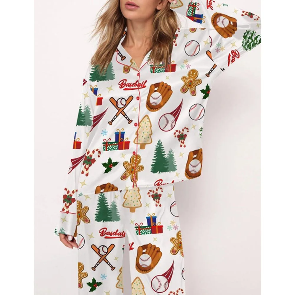 Baseball Christmas Satin Pajama Set For Women - Image 2