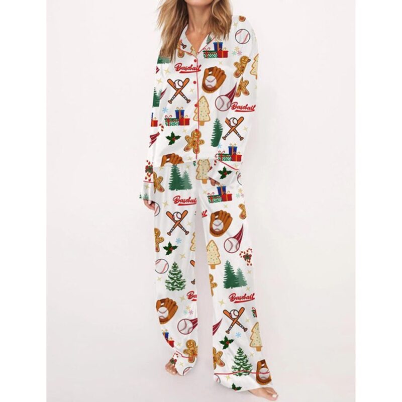 Baseball Christmas Satin Pajama Set For Women - Image 3