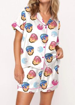 Baseball Ice Cream Drip Satin Pajama Set For Women