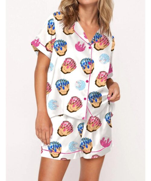 Baseball Ice Cream Drip Satin Pajama Set For Women
