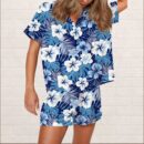 Blue Hawaiian Floral Silky Satin Pajama Set