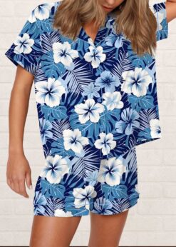 Blue Hawaiian Floral Silky Satin Pajama Set