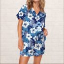 Blue Hawaiian Floral Silky Satin Pajama Set