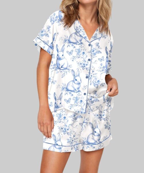Blue Toile Bunnies Pajama Set For Women