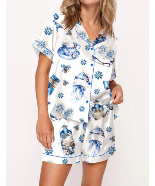 Blue Winter Satin Pajama Set For Women