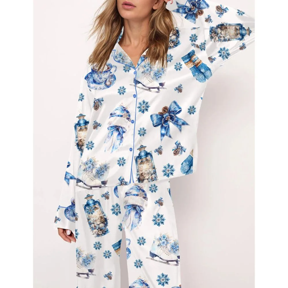 Blue Winter Satin Pajama Set For Women - Image 2