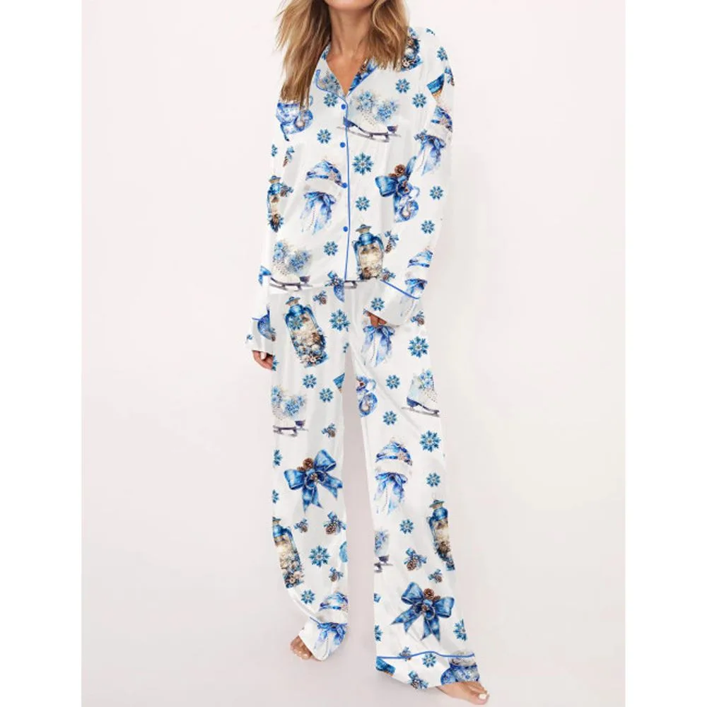 Blue Winter Satin Pajama Set For Women - Image 3