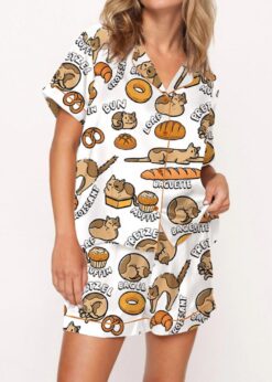 Cat Bread Satin Pajama Set For Women