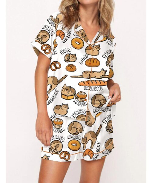 Cat Bread Satin Pajama Set For Women