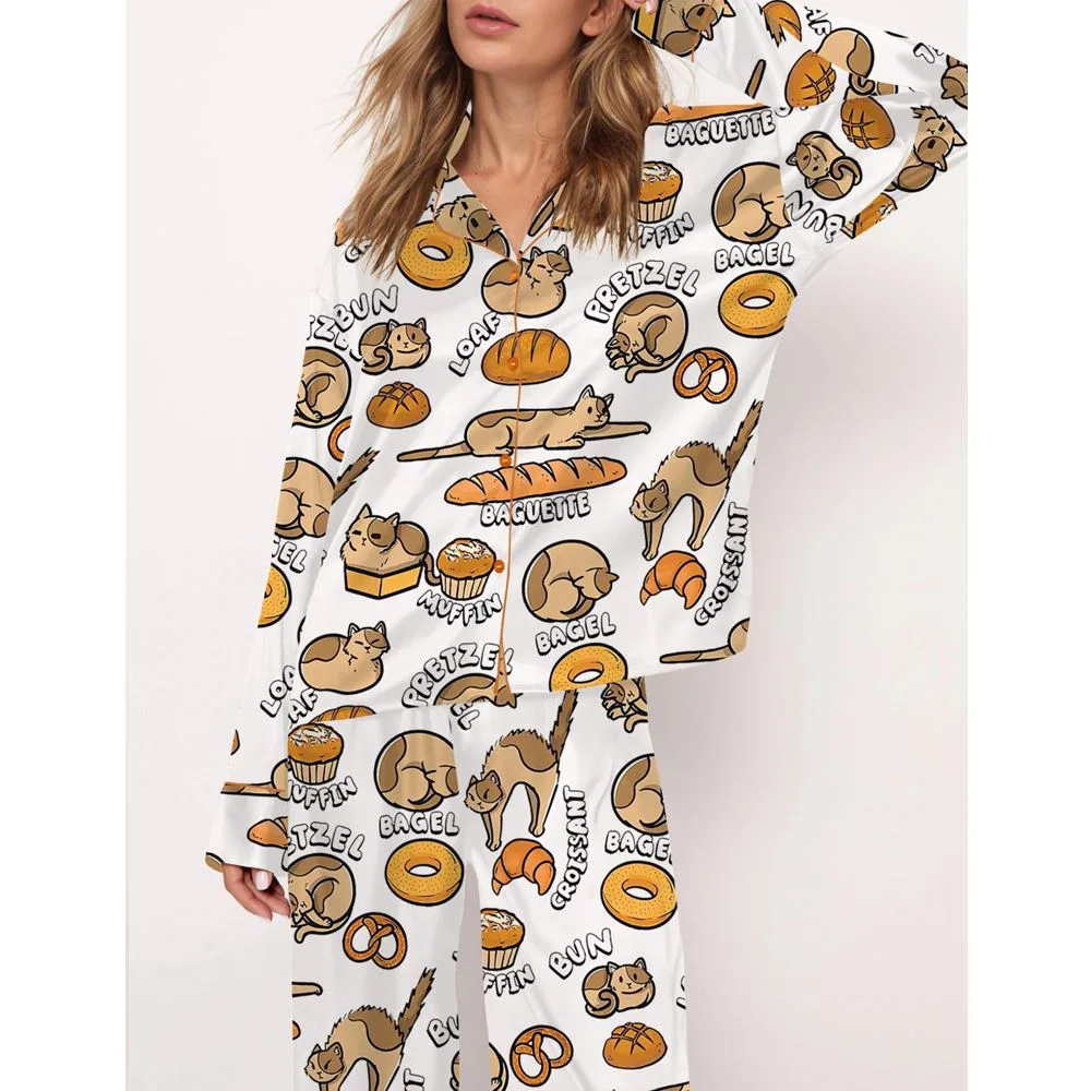 Cat Bread Satin Pajama Set For Women - Image 2