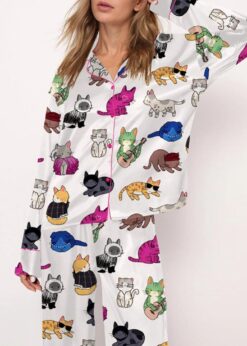 Cat Lovers Satin Pajama Set For Women