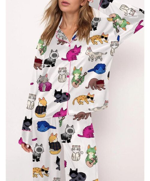 Cat Lovers Satin Pajama Set For Women