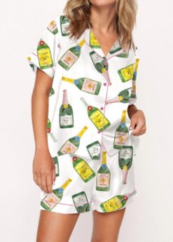 Champagne Bottle Watercolor Satin Pajama Set For Women