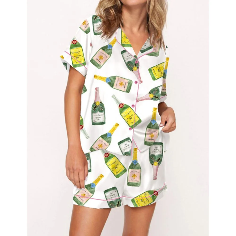 Champagne Bottle Watercolor Satin Pajama Set For Women