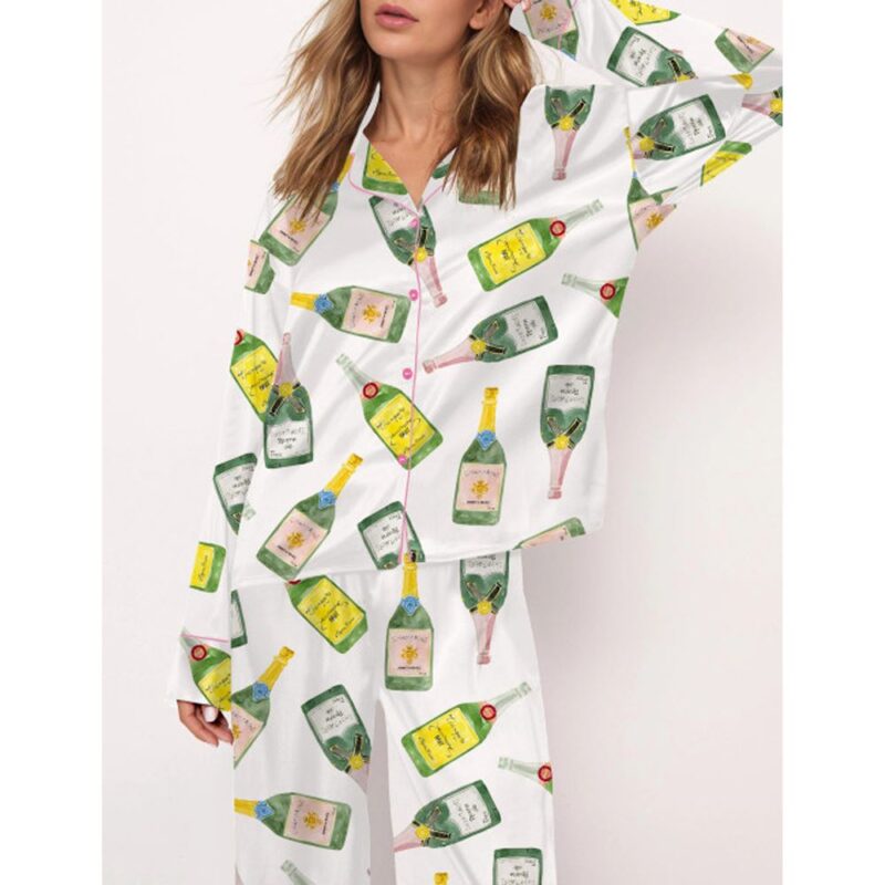 Champagne Bottle Watercolor Satin Pajama Set For Women - Image 2