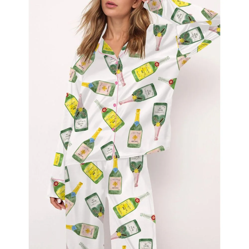 Champagne Bottle Watercolor Satin Pajama Set For Women - Image 2