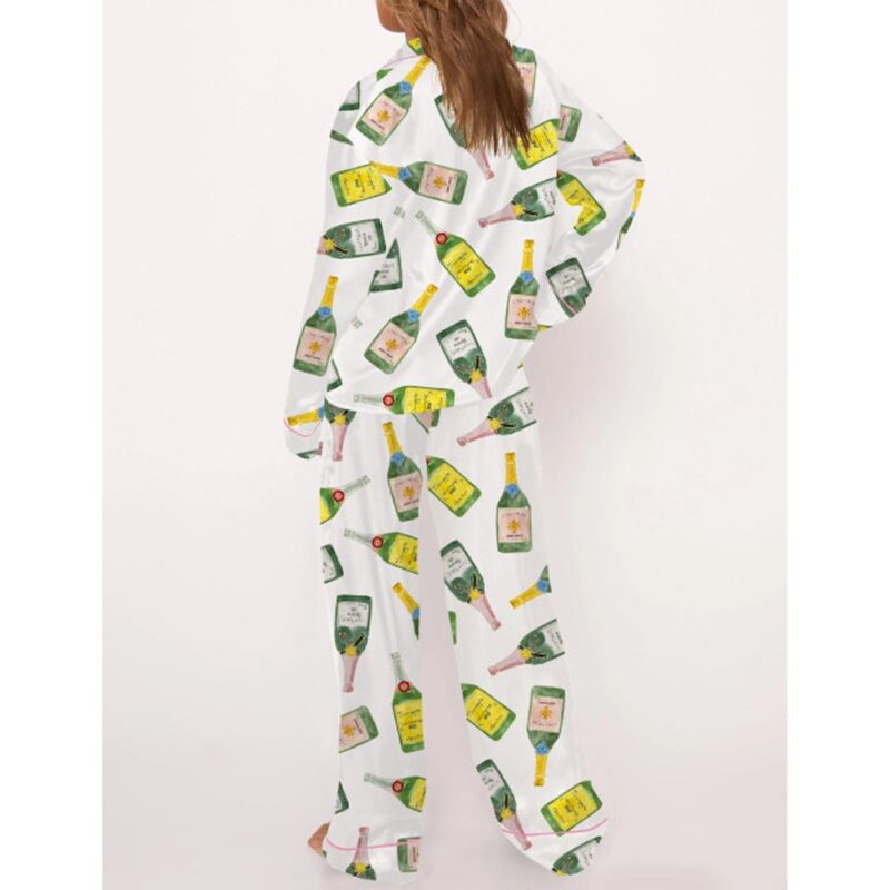 Champagne Bottle Watercolor Satin Pajama Set For Women - Image 3