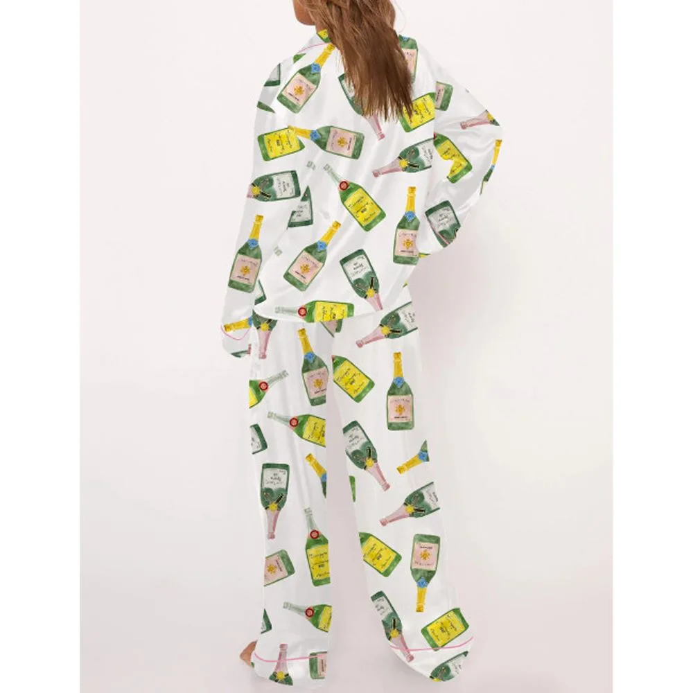 Champagne Bottle Watercolor Satin Pajama Set For Women - Image 3