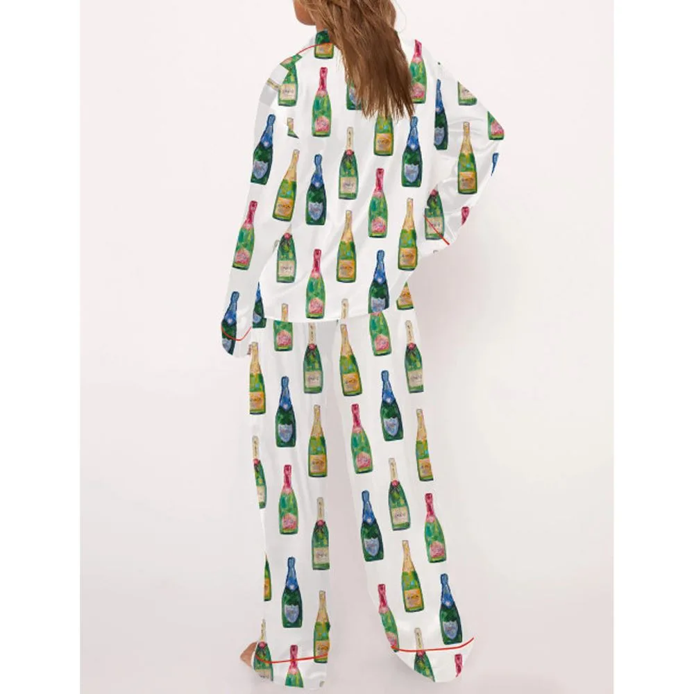 Champagne Bottles Satin Pajama Set For Women - Image 3