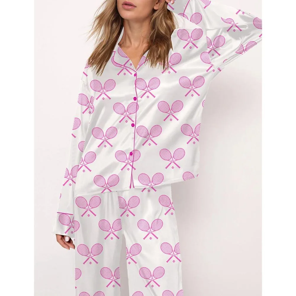 Champagne Tennis Satin Pajama Set For Women - Image 2
